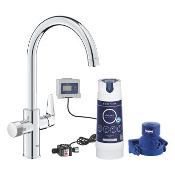 Baterie bucatarie Grohe Blue Pure BauCurve pipa C sistem de filtrare S crom