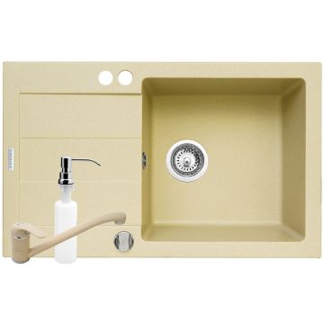 Set 3 in 1 Chiuveta bucatarie granit + Baterie + Dozator detergent Cristal PLUS 1B 1D DR Wanilla Set 3 in 1 Chiuveta bucatarie granit + Baterie + Dozator detergent Cristal PLUS 1B 1D DR Wanilla